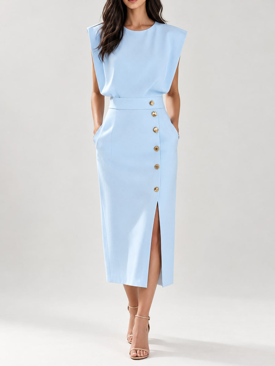 Sleeveless Midi Bodycon Dress With Gold Buttons in Apricot with side slit