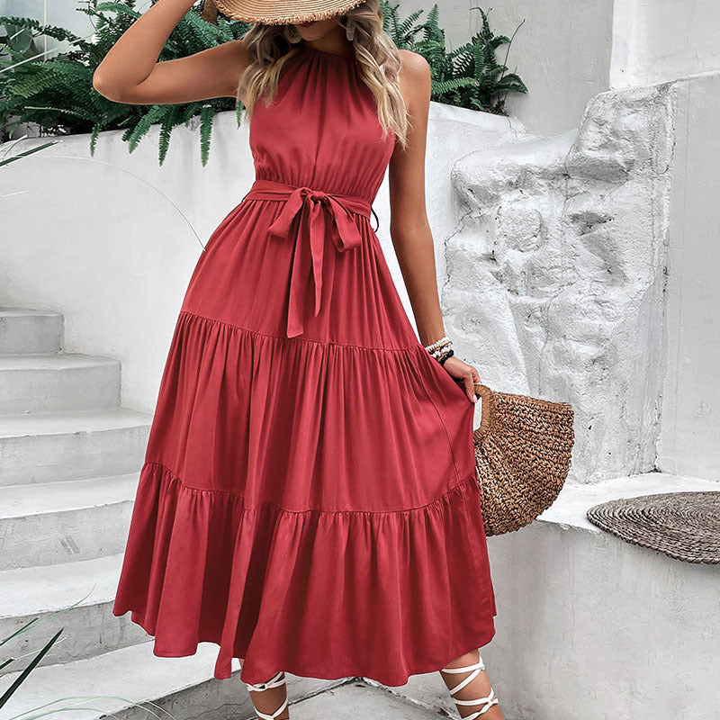 Burgundy halter neck tiered midi dress with belted waist, 100% viscose