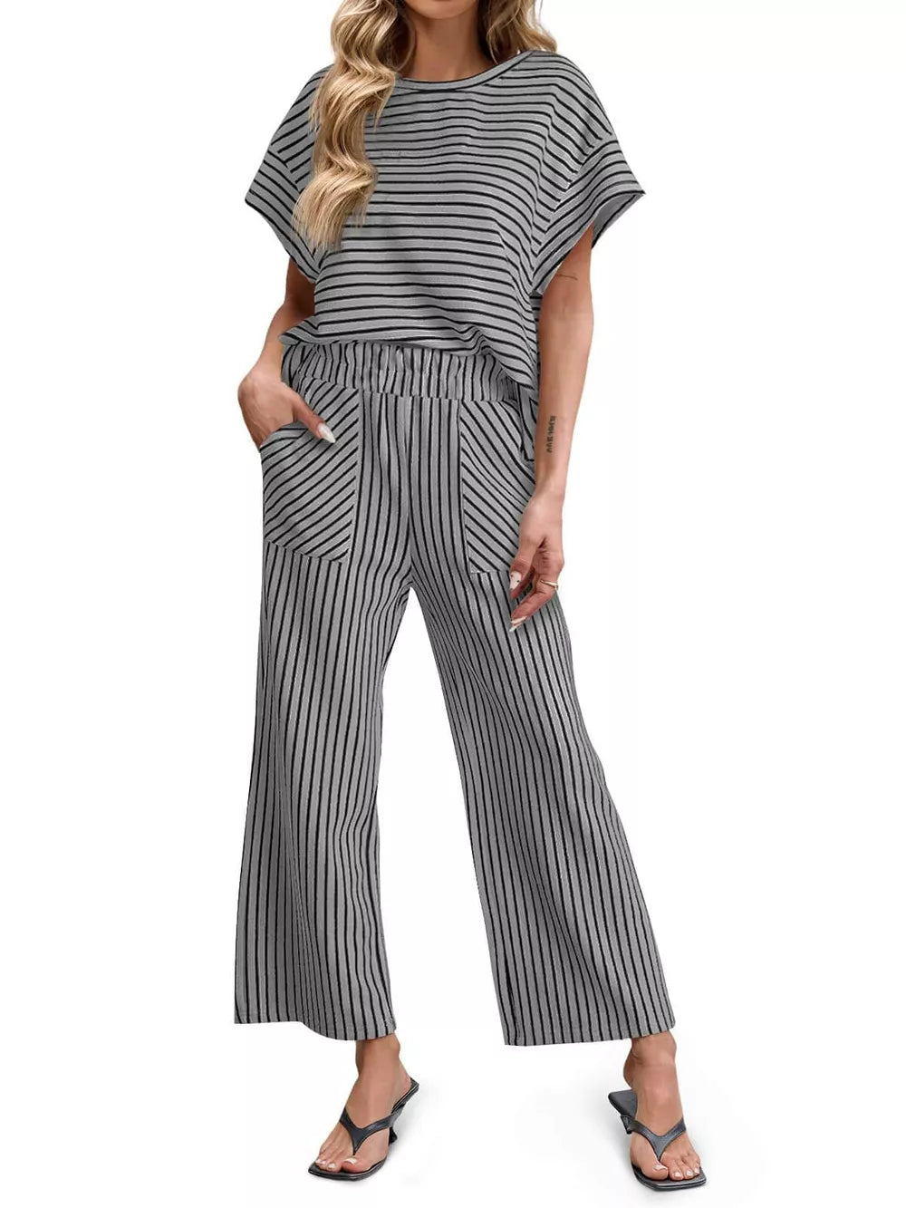 Khaki Color two-piece set with pocketed and short sleeve