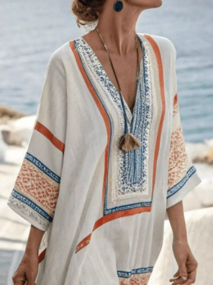 terracotta maxi dress featuring v-neck and geometric