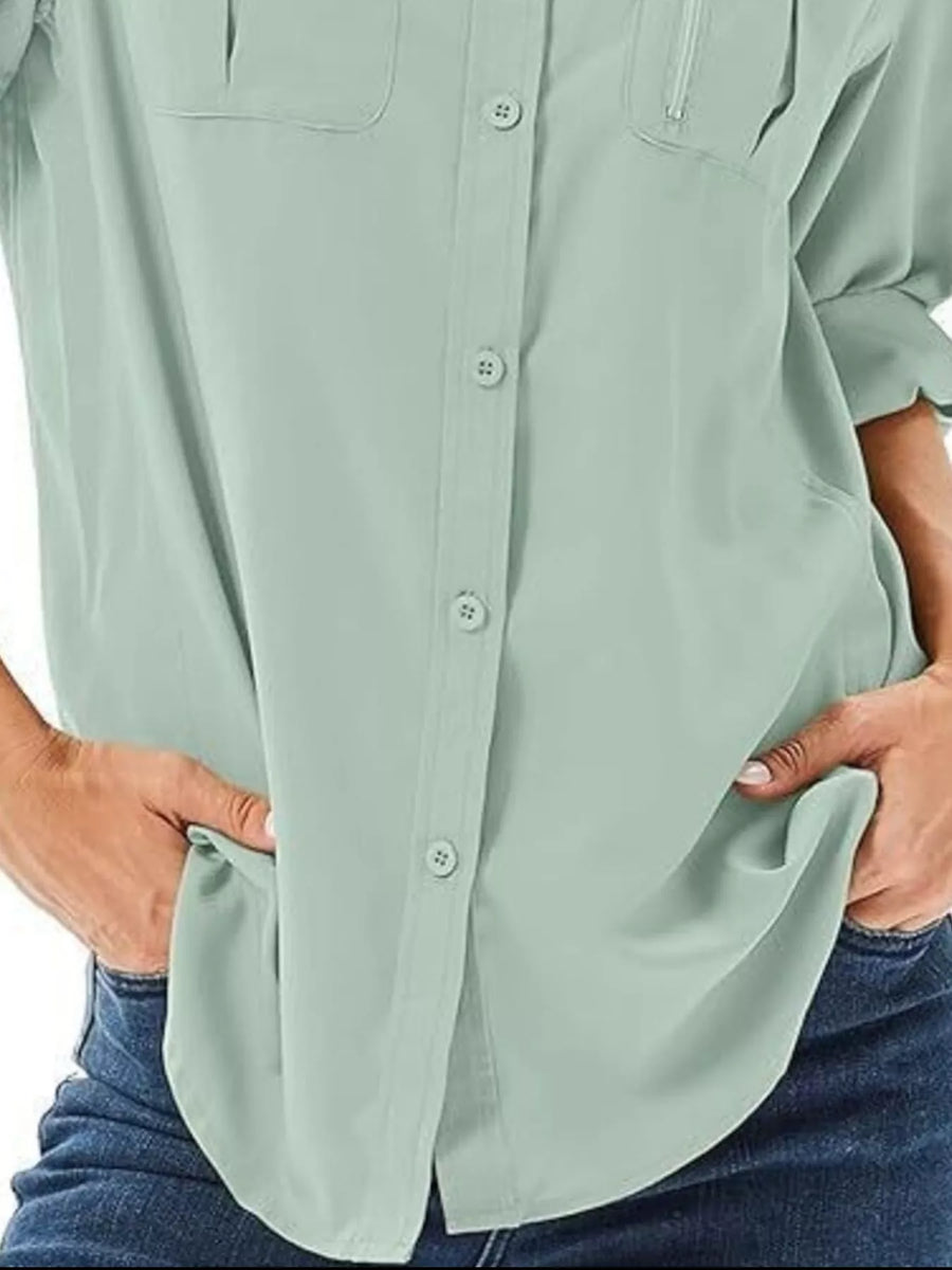 Light Green roll-sleeve button-up shirt with chest pockets and a relaxed fit.
