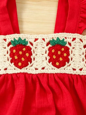 Red with Children's Strawberry Crochet Trim Top & Denim Shorts Set in Red