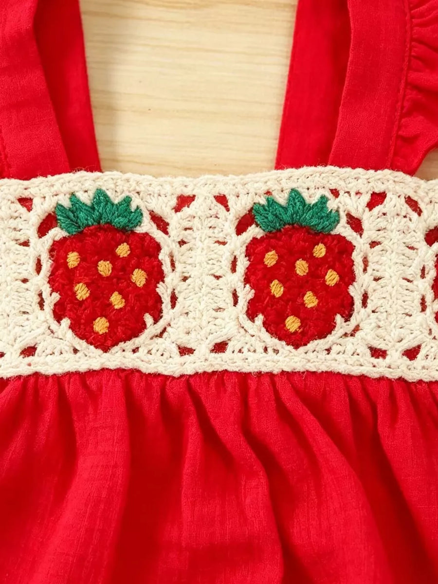 Red with Children's Strawberry Crochet Trim Top & Denim Shorts Set in Red