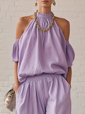 lavender two-piece set with hip-length (top), full-length (pants) and pullover, elastic
