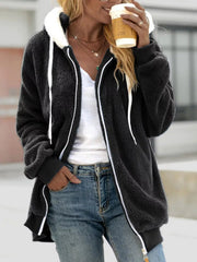 Cozy fleece zip-up hooded jacket in dark gray with white drawstring and trim.