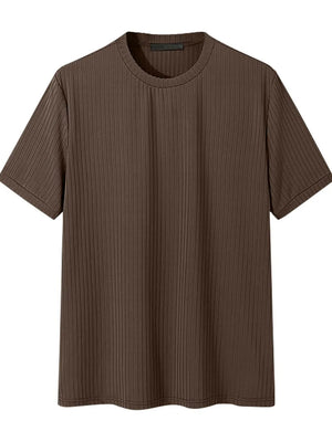 Textured ribbed crewneck tee in coffee brown with short sleeves.