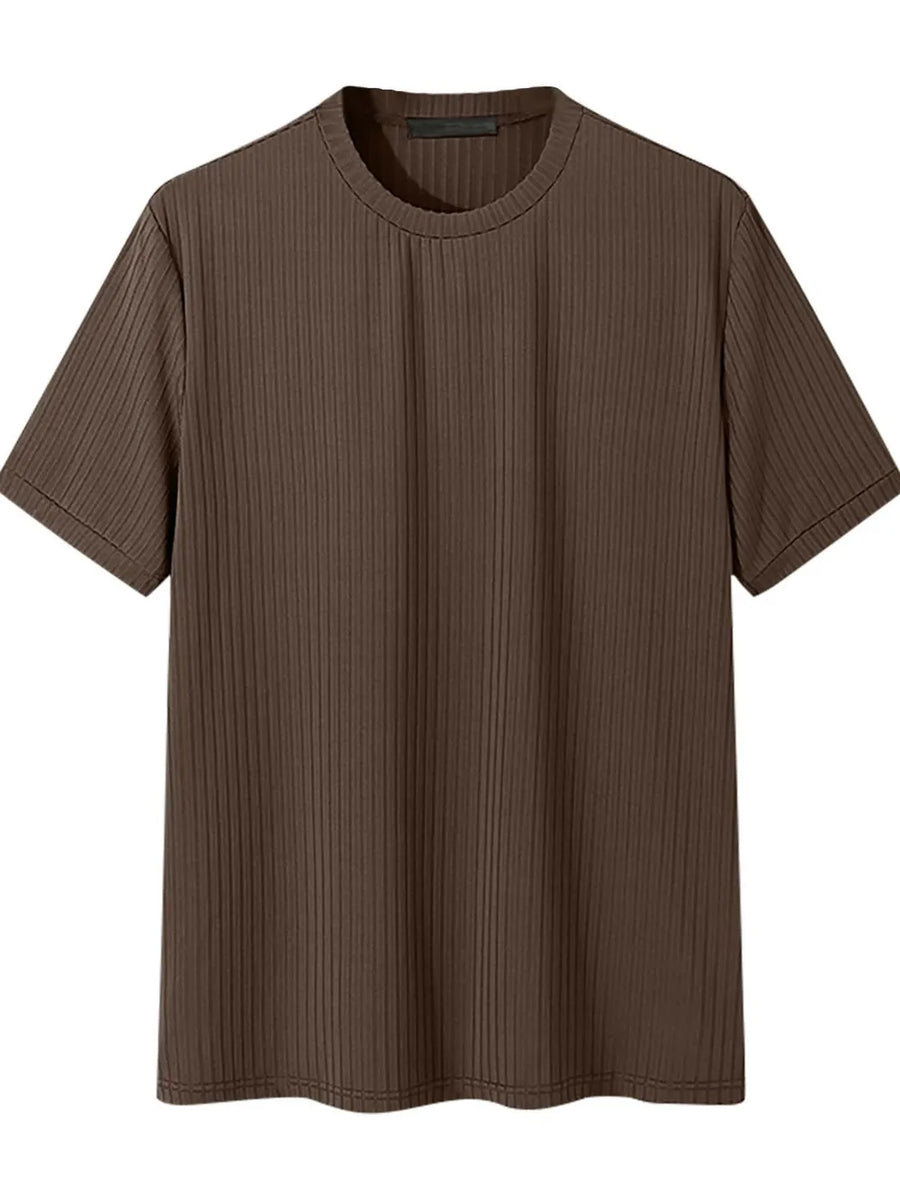 Textured ribbed crewneck tee in coffee brown with short sleeves.