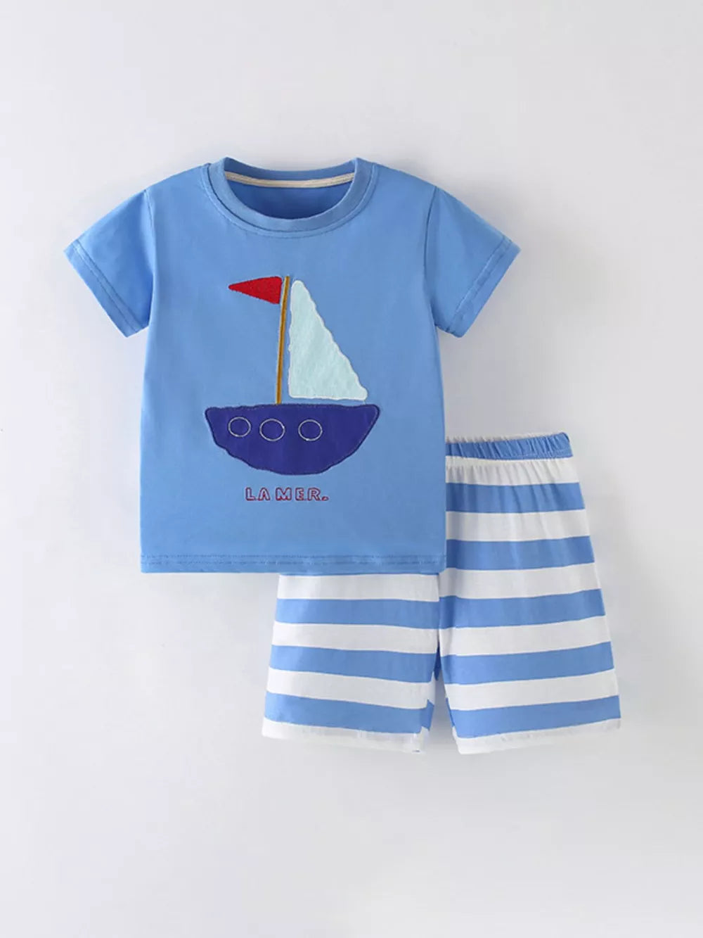 Baby blue cotton tee with sailboat graphic and striped shorts.