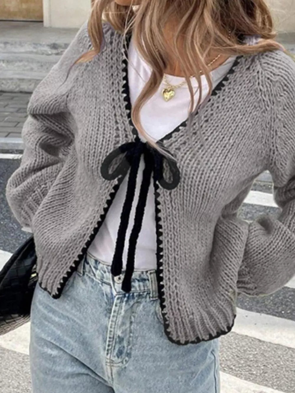 Yellow Chic Tie-front Contrast-trim Cardigan Plus Size