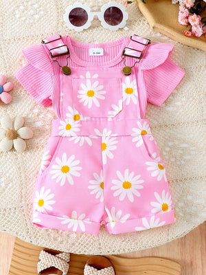 Pink daisy print baby overalls set with ruffled short sleeve ribbed top.