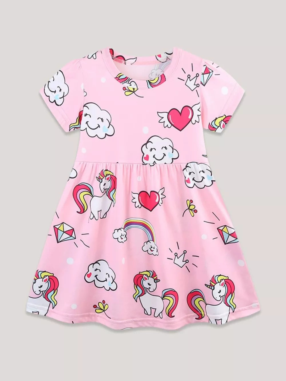 Pink short sleeve toddler dress with unicorn, cloud, rainbow, and heart prints.