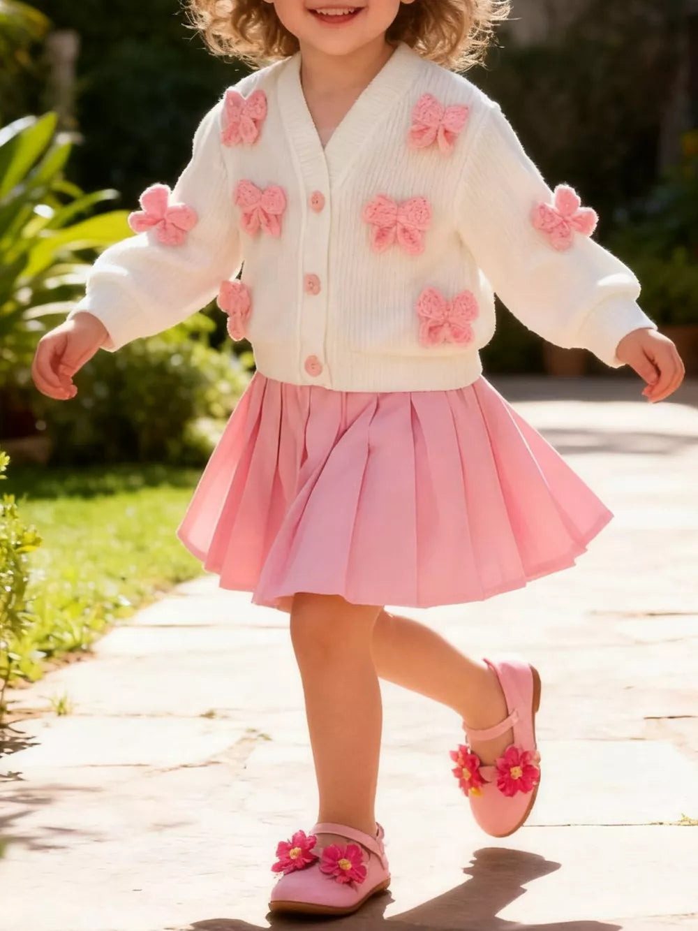 Pink Children's Bow Button Up Cardigan And Pleated Skirt Set