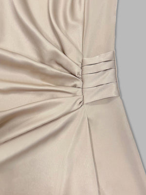light beige midi dress with ruched and bishop sleeve