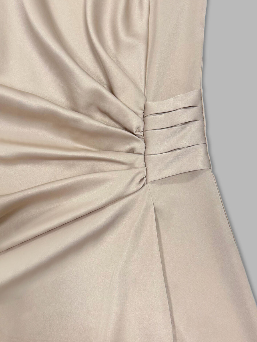 light beige midi dress with ruched and bishop sleeve