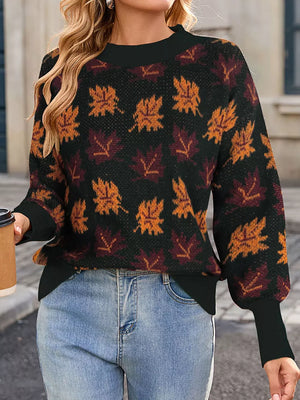 rust mock neck sweater featuring stretch and leaf-print