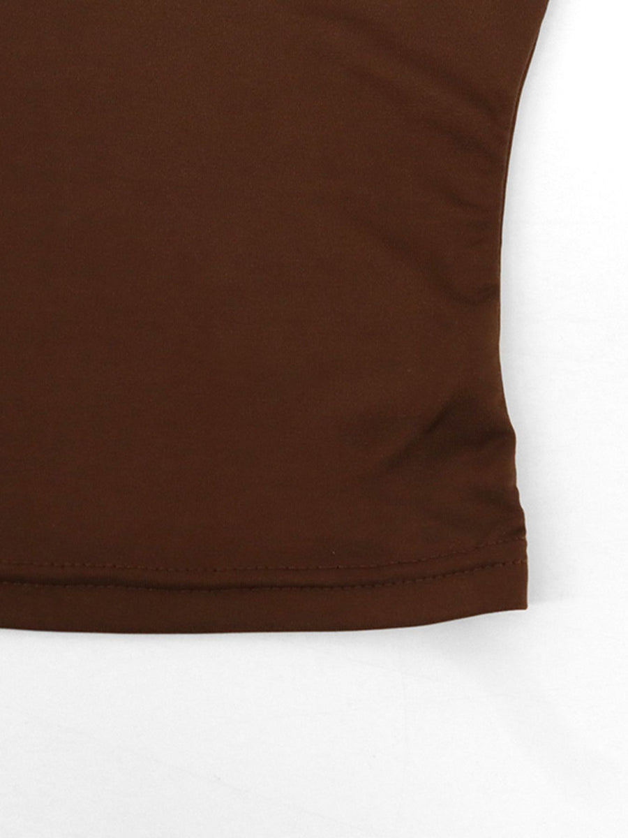 Brown cowl neck cami top with draped detail and subtle stitching.