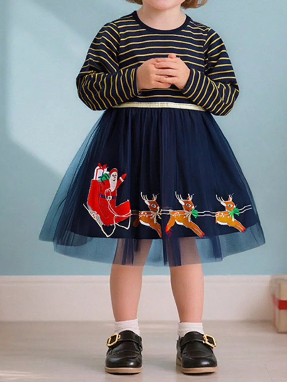 Navy tulle dress with Santa and reindeer embroidery, striped long sleeves, festive holiday dress
