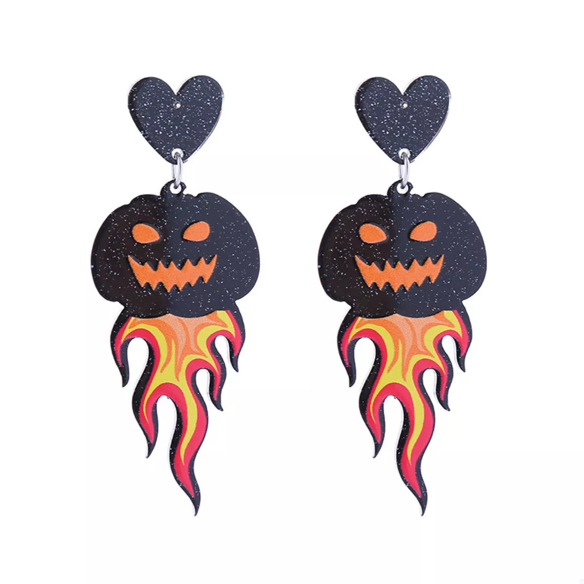 Spooky dangle earrings with black glitter hearts and jack-o-lanterns on flames