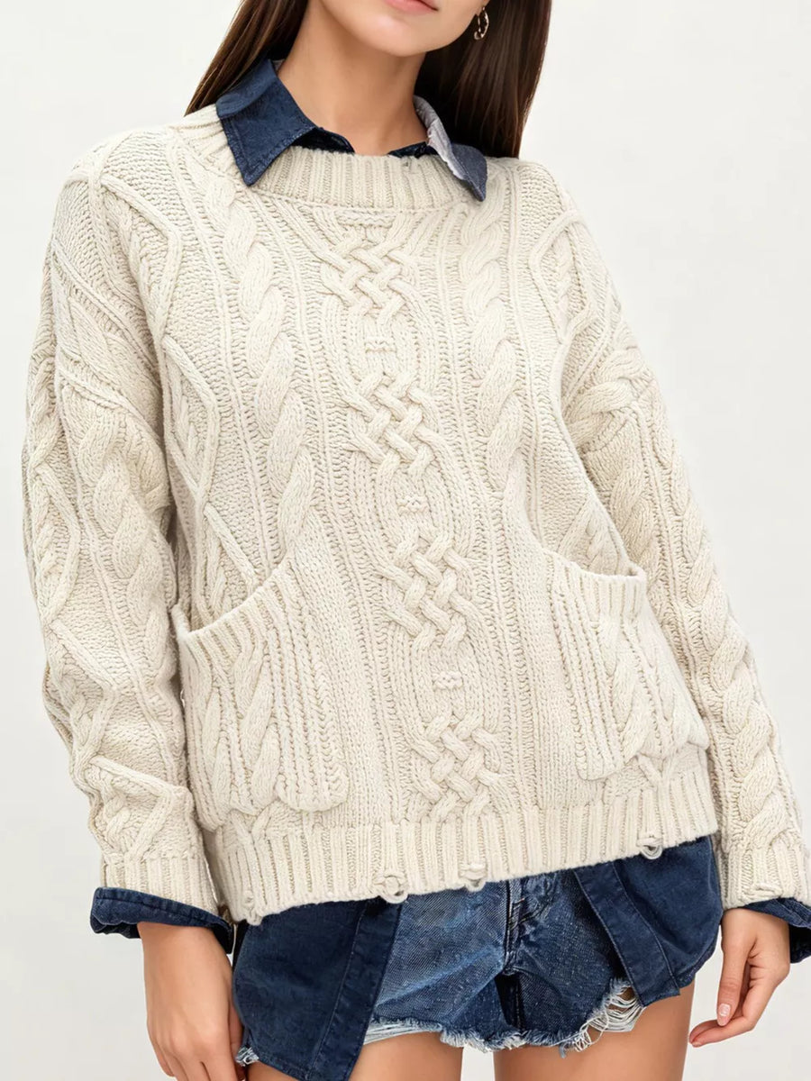 Khaki pullover sweater with raw hem and long sleeve