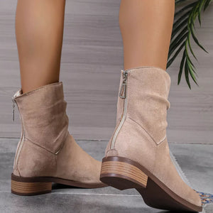 Khaki suede ankle boots with block heel and back zipper detail