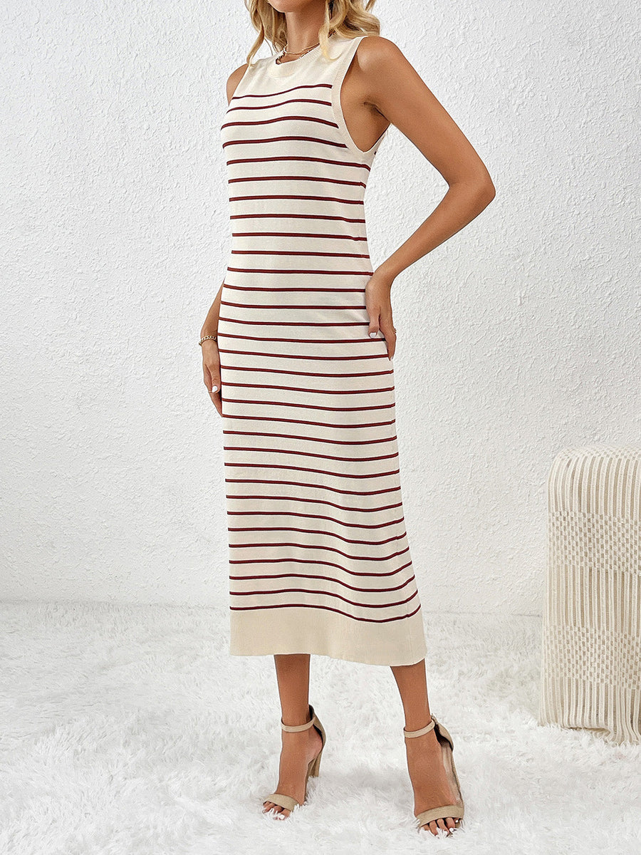 Striped ribbed sleeveless midi dress in cream with maroon stripes, crew neck, and a casual fit.
