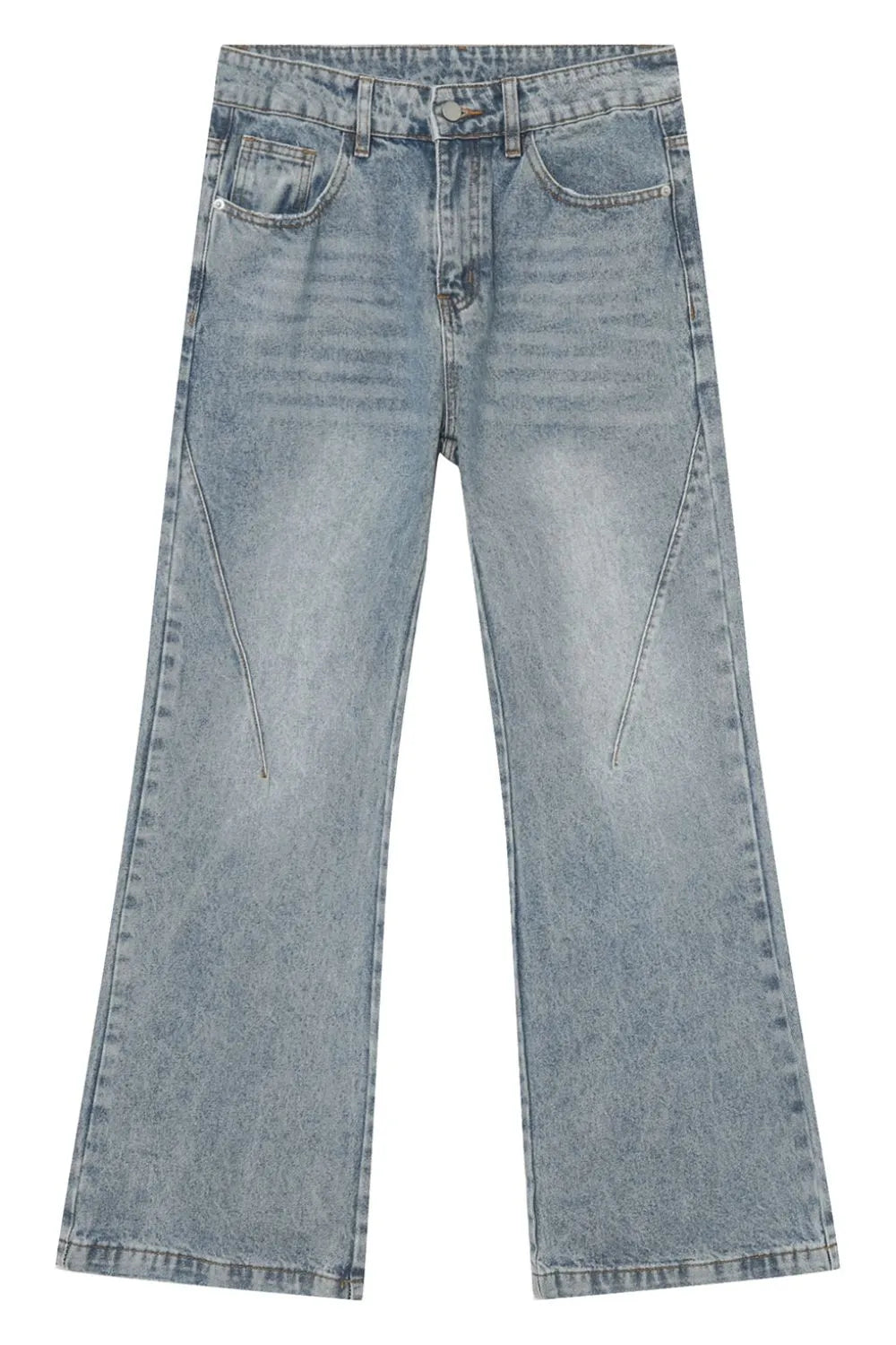 Flared denim jeans in medium wash with sculpted seam detail and wide leg.