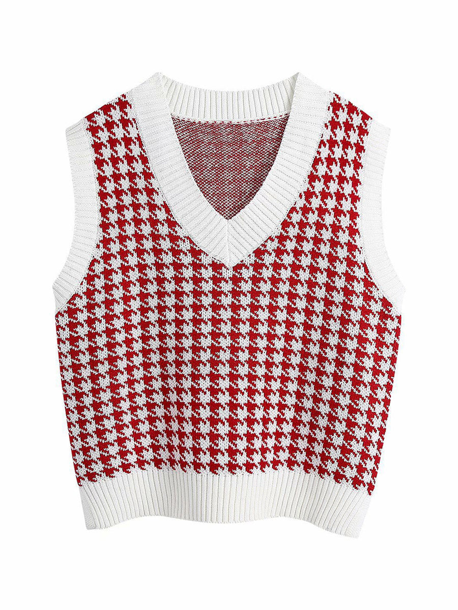 Houndstooth knit V-neck tank top in Deep Red and White with white trim.