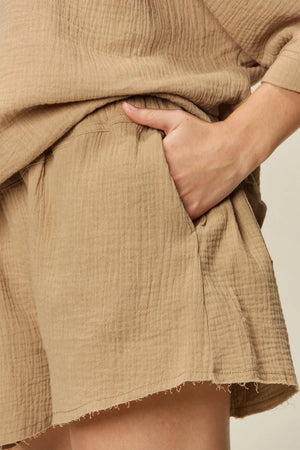 Khaki textured cotton half sleeve set with drawstring shorts, showing pocket detail