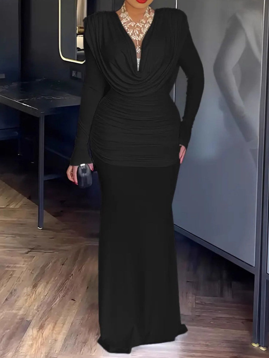 Black ruched long-sleeve maxi dress with cowl neck and fitted bodice.