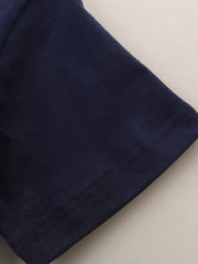 Navy blue toddler t-shirt sleeve detail with double stitching.