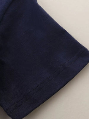 Navy blue toddler t-shirt sleeve detail with double stitching.