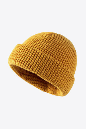 Mustard ribbed knit beanie with folded edge detail