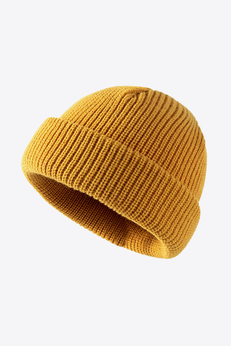 Mustard ribbed knit beanie with folded edge detail