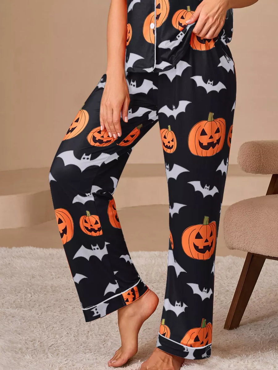 Orange pajama set with button-front, elastic and novelty print