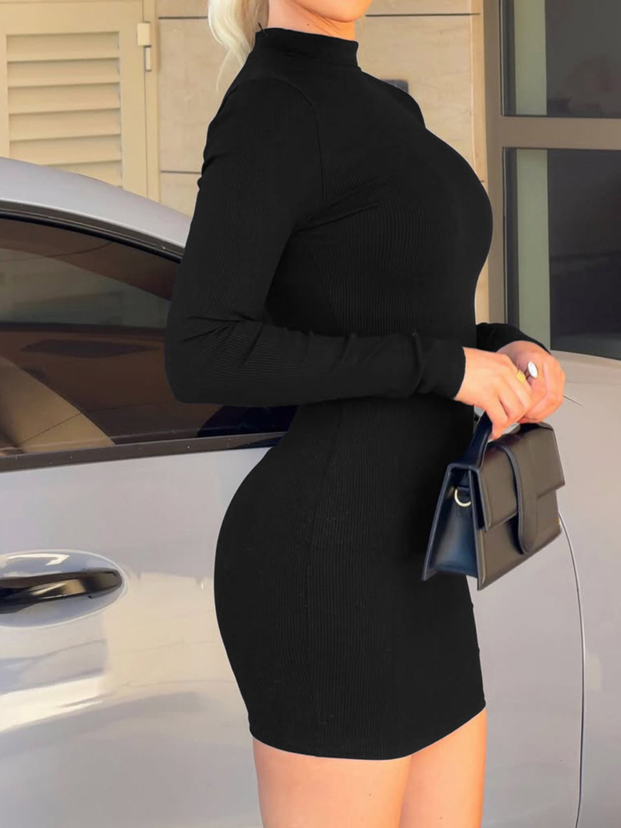 Black bodycon dress featuring stretch and ribbed knit