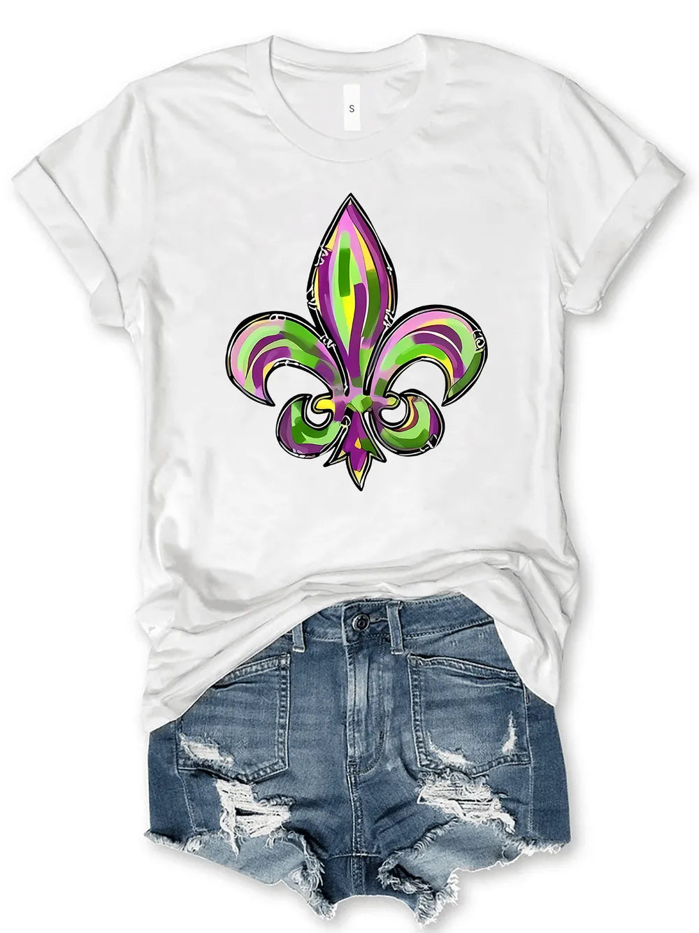 White t-shirt with a colorful Mardi Gras Fleur-de-Lis graphic print