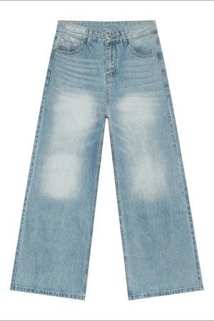 Light wash balloon leg jeans with faded detailing and wide leg opening.