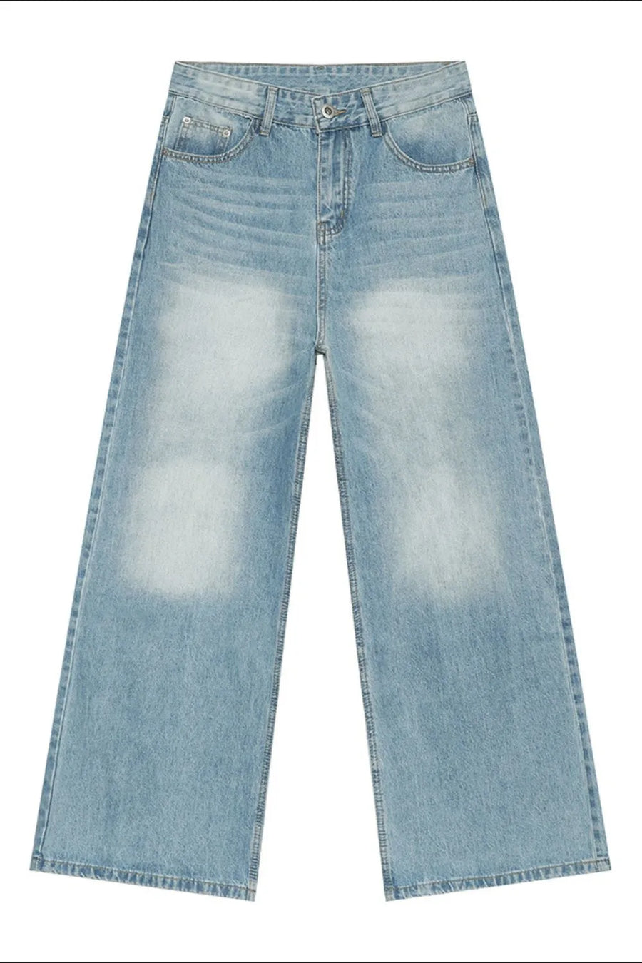 Light wash balloon leg jeans with faded detailing and wide leg opening.