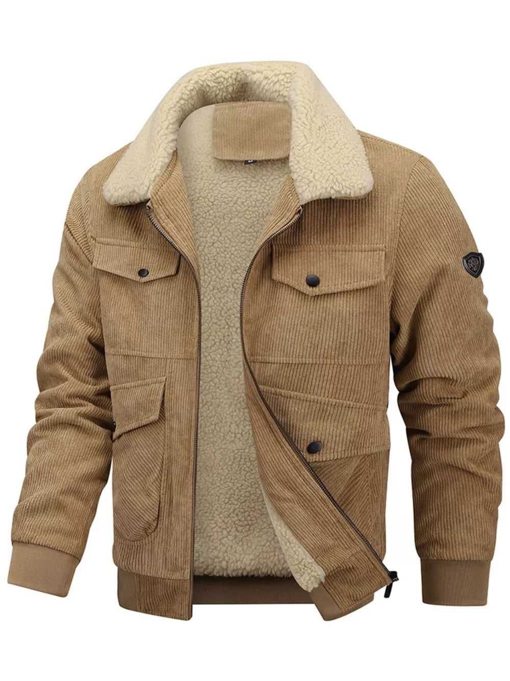 Men's camel corduroy sherpa bomber jacket with zip and button pockets.