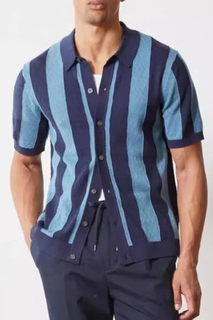 Men's navy short sleeve button-up shirt with bold blue stripes.