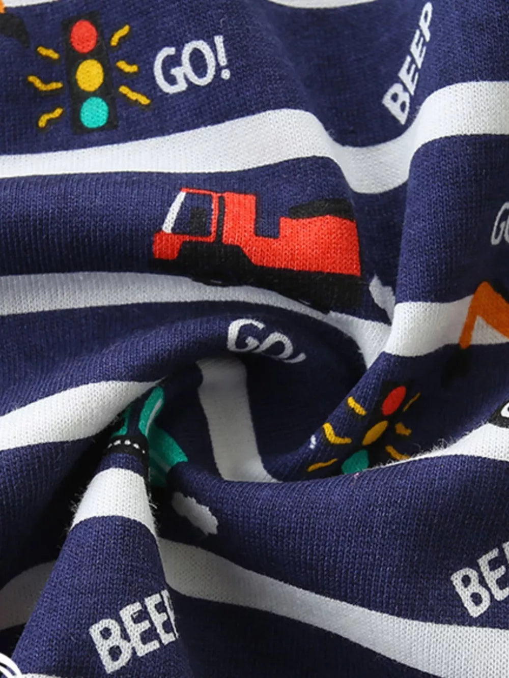 Navy cotton baby outfit with vehicle print, traffic lights, and "GO!" text.