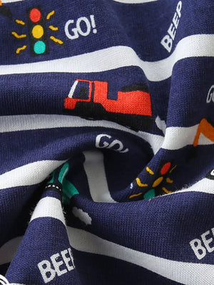 Navy cotton baby outfit with vehicle print, traffic lights, and "GO!" text.