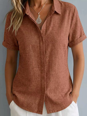 Full Size Collared Short Sleeve Shirt Plus Size in Lotus Color, view 16