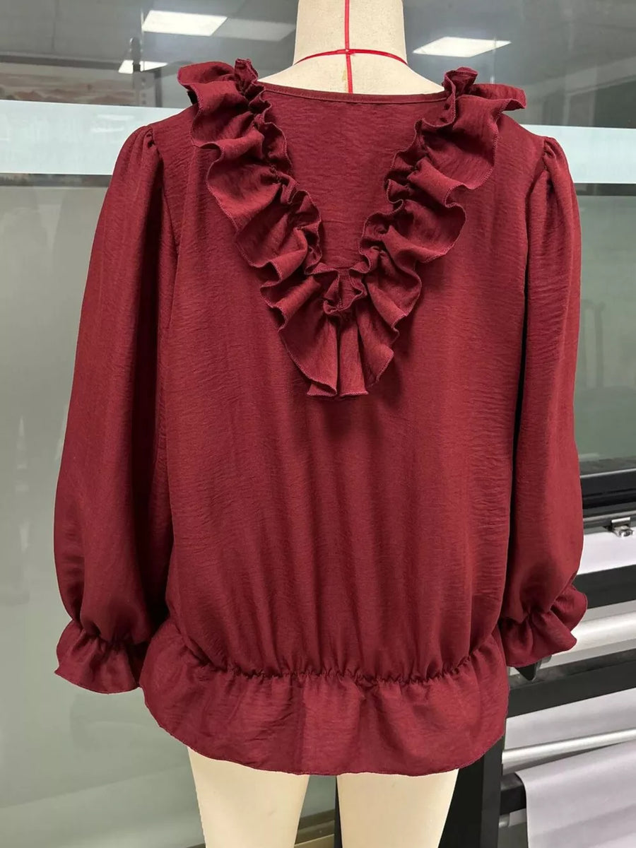 Ruffle V-neck Long Sleeve Blouse in Burgundy with ruffles