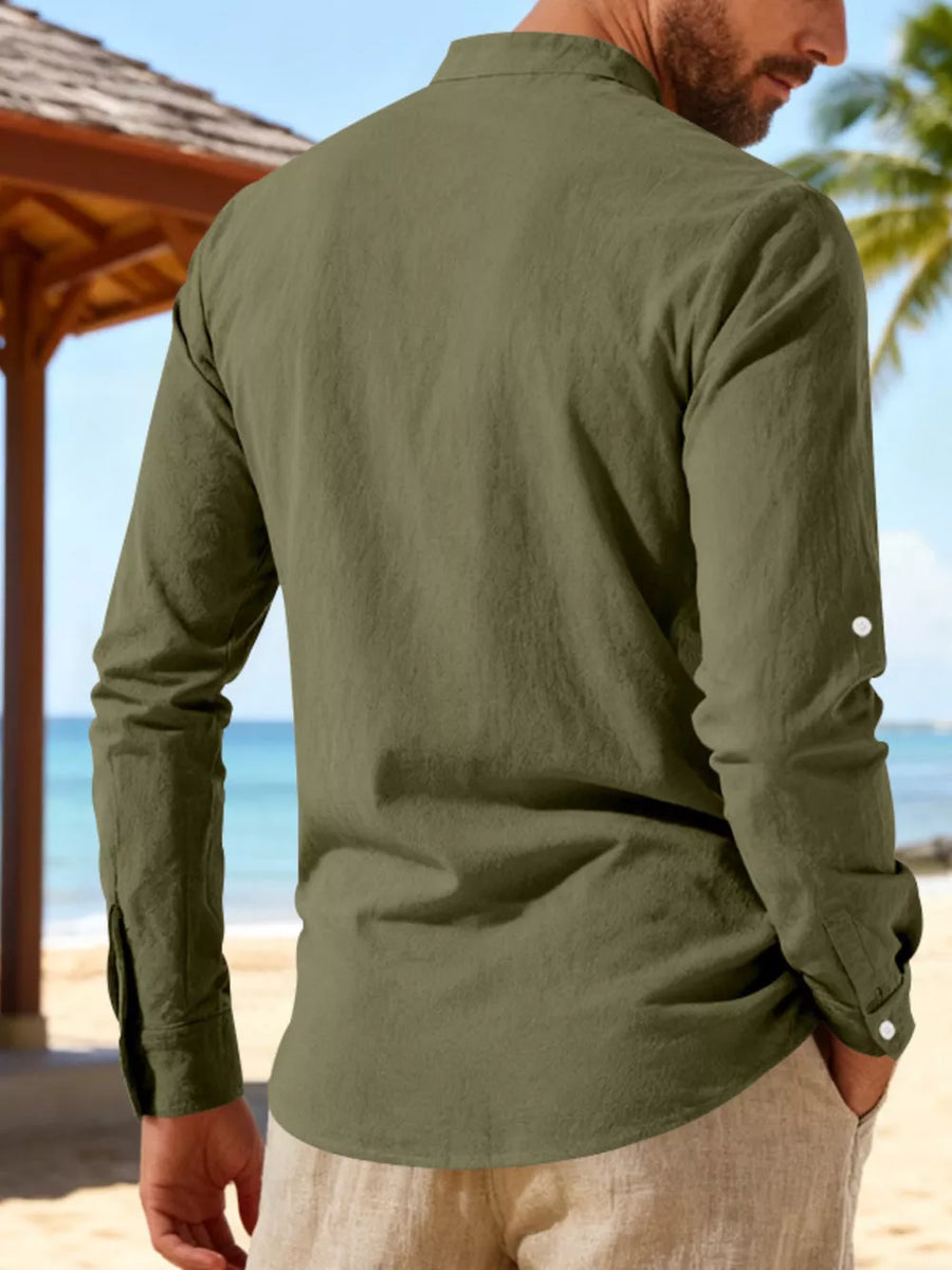 Men's army green casual linen shirt with buttoned cuffs and mandarin collar.