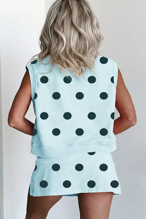 Pastel blue polka dot sleeveless crew neck top and skort set