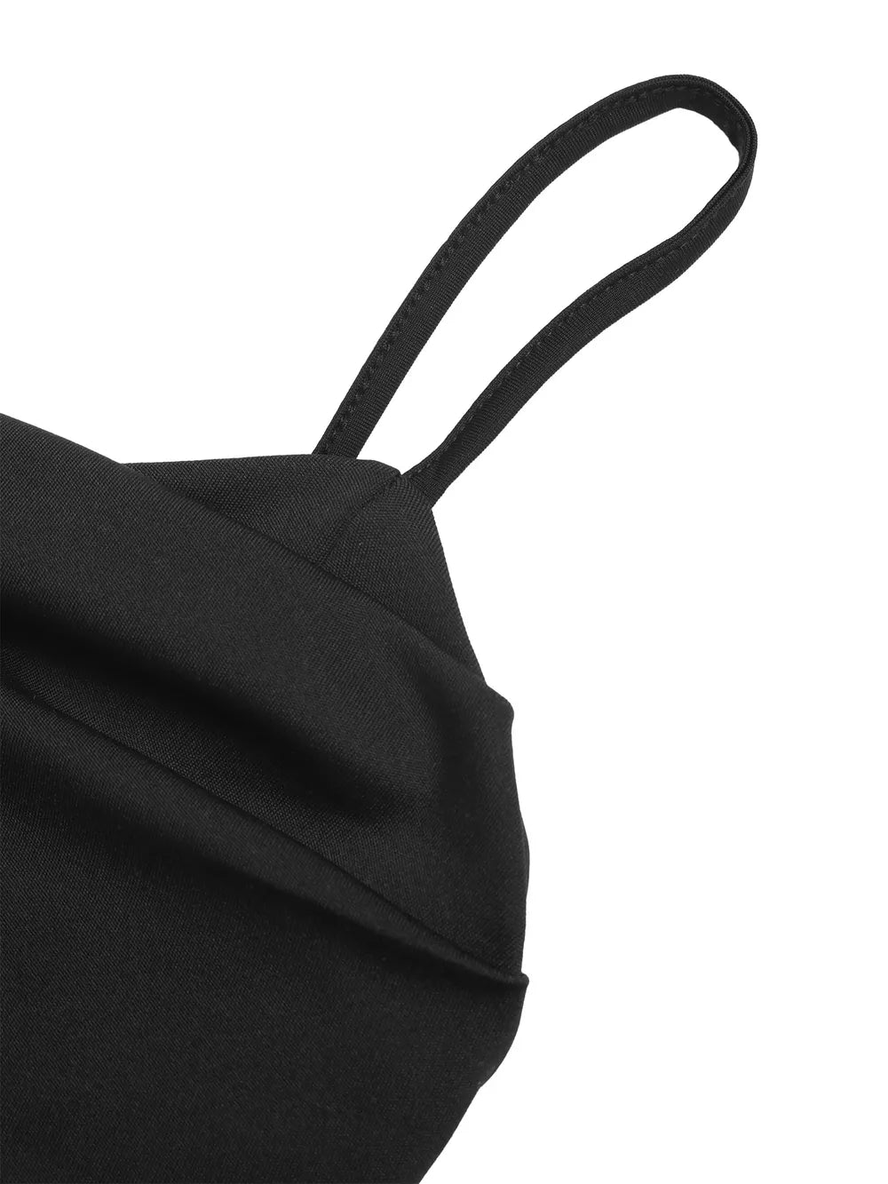 Black maternity romper with ruched detail and spaghetti straps
