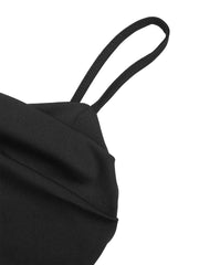 Black maternity romper with ruched detail and spaghetti straps