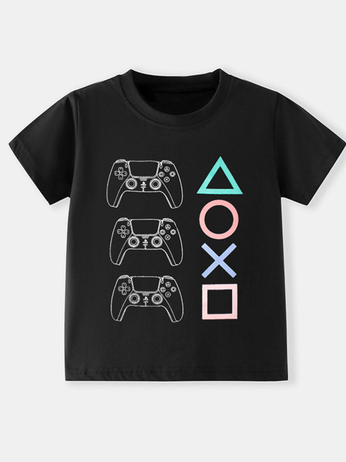 Black toddler t-shirt with gaming controller graphic and colorful PlayStation symbols.