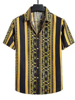 Men's yellow and black striped button-up shirt with ornate pattern